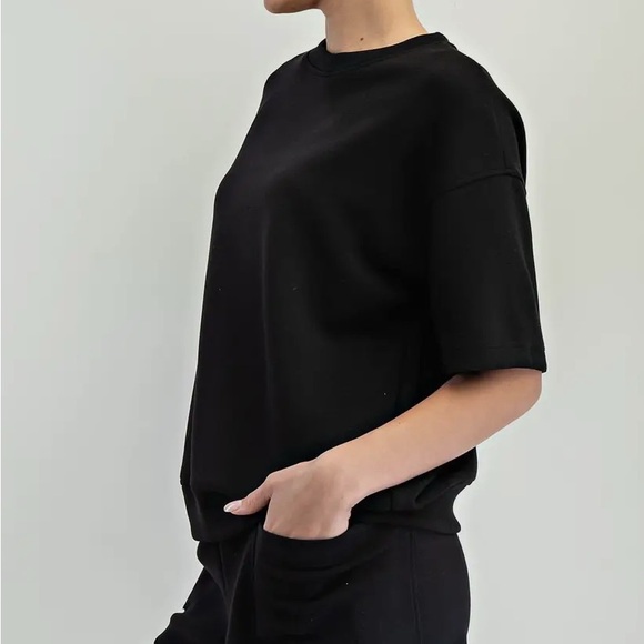 Black Boxy Crew Neck Short Sleeve Modal Scuba fabric with long skirt set - Picture 4 of 7